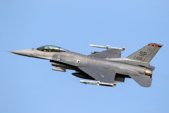 SPANGDAHLEM, GERMANY - 29 AUG, 2018: US Air Force F-16C fighter jet plane from 480th Fighter Squadron taking off from Spangdahlem Air Base.