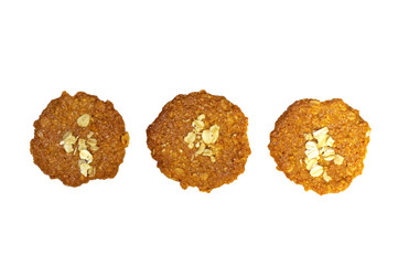Biscuits homemade Oatmeal flavoured and Thin style. Set of crunchy delicious sweet meal and useful cookies. Isolated on white background.