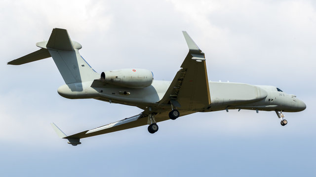 GILZE-RIJEN, NETHERLANDS - MAY 30, 2018: Italian Air Force Gulfstream G550 AEW/C (Airborne Early Warning and Control) aircraft arriving at Gilze-Rijen airbase.