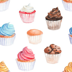 Watercolor cupcakes, seamless pattern