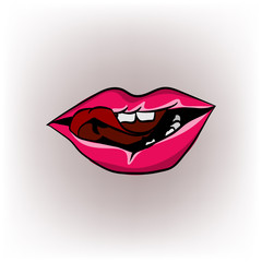 Big lips on white background. Sexy biting lips with tongue. Red mouth with white teeth isolated on white. Female beautiful lips with red lipstick. Vector illustration of sensual lips and ideal teeth
