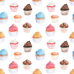 Watercolor cupcakes, seamless pattern