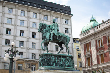 Naklejka premium The statue of Prince Mihailo at the Republic Square of Belgrade.