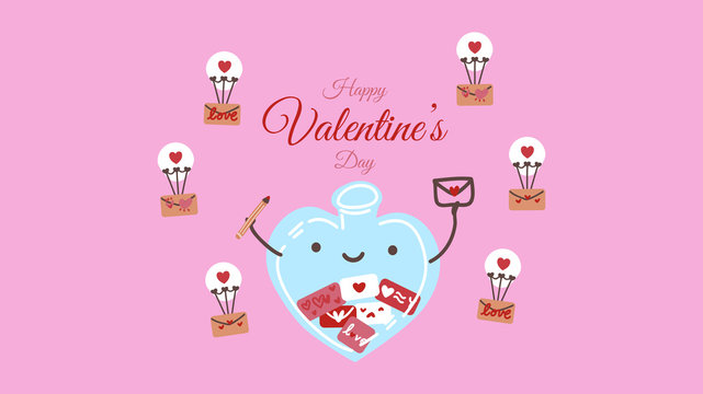 minimal style cute kawaii Valentine card design - glass bottle with cute love letter delivery with parashute or balloon