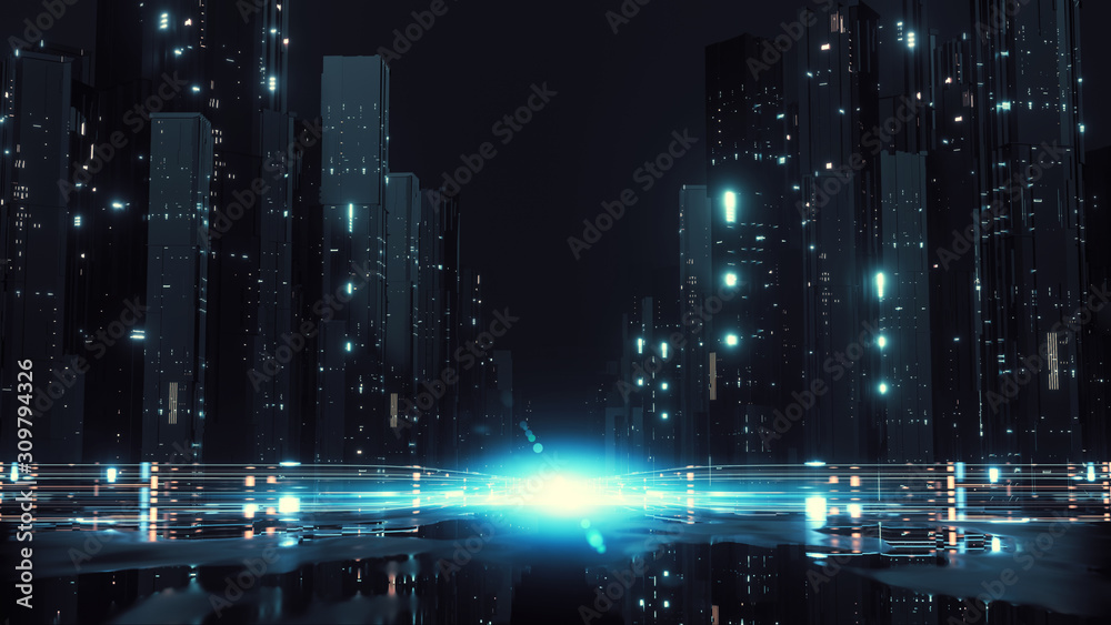Sticker 3d rendering of modern skyscraper buildings in large city at night with reflection from wet puddles 
