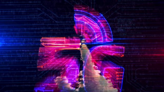 5g mobile network futuristic 3D rendering animation. Hand finger touch the screen and entry into cyberspace. Abstract concept of IOT, connection, data transmission and communication technology.