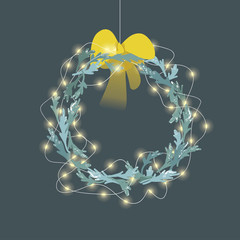 Christmas wreath. Festive decor. Thin LED garland dew. New Year branches. Winter holiday.