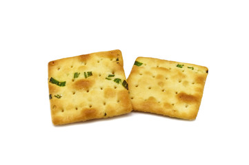Biscuits cracker square design.Great flavor combination of green onion and wheat. Isolated on white background.