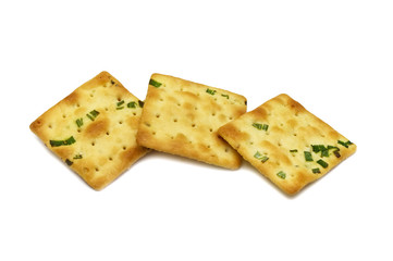 Biscuits cracker square design.Great flavor combination of green onion and wheat. Isolated on white...