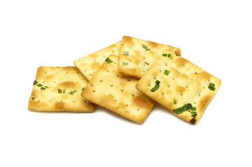 Biscuits cracker square design.Great flavor combination of green onion and wheat. Isolated on white background.