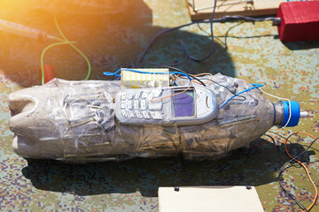 A model of a bomb made of plastic bottles