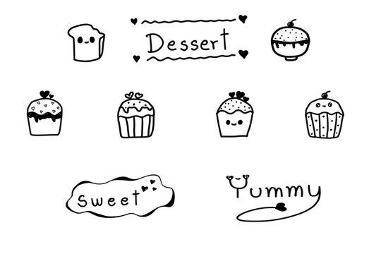 Hand drawing doodle. Set of dessert on white background. Bingsu, capcake,bread. Cute and lovely. Can be use decorate any menu, print, paper, fabric, icon.