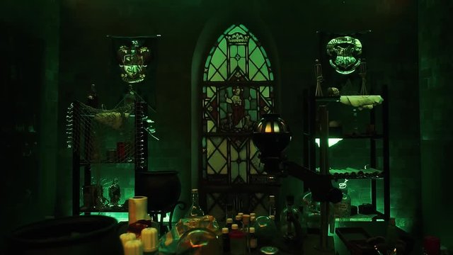 Witch lab . Colorful powder to make potions in a witch lab at candlelit.
