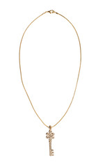 Jewelry pendant in the form of a key on a gold chain on a white isolated background