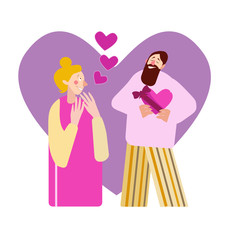 Cute vector isolated illustration of a happy couple in love celebrating Valentine's Day in bright nice pink violet and yellow colors with big and small hearts