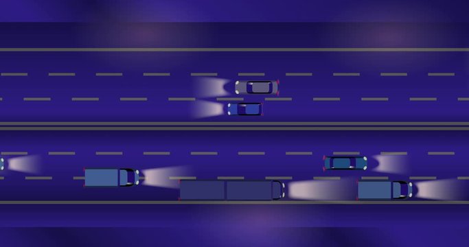 Animated cartoon of traffic speeding on the road at night. 