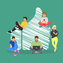 Fototapeta premium Like. Flat design of guys and women near big symbol