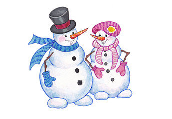 Cartoon snowman on white background.