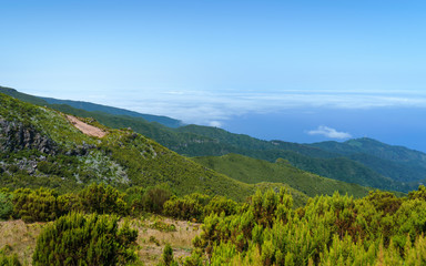 Beautiful panorama view of the footpath trail in the mountains of Pico Ruivo, Madeira