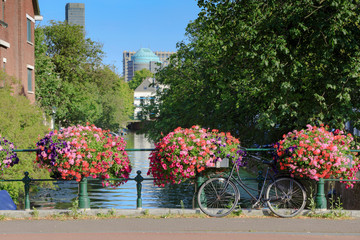 Fototapeta na wymiar colorful plants on the railing of a bridge over one of the canals in the center of The Hague; The Hague, Netherlands