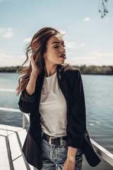 Fototapeta premium Fashion Portrait of Stylish Pretty Brunette Young Woman Outdoor
