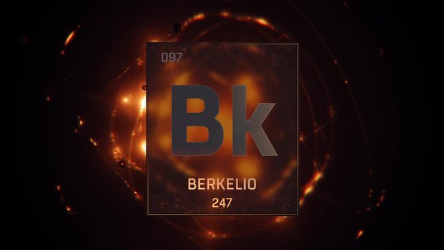 Berkelium as Element 97 of the Periodic Table. Seamlessly looping 3D animation on orange illuminated atom design background with orbiting electrons. Name, atomic weight, element number in Spanish lang
