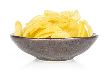 Lot of whole fried crisp potato chip in glazed bowl isolated on white background