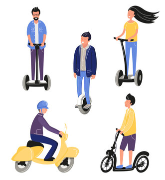Happy smiling people using electric scooters or unicycle. Young men riding on eco city transport for traveling.  Mono wheel. Active leisure. Vector illustration cartoon flat funky style. Motorcycle 