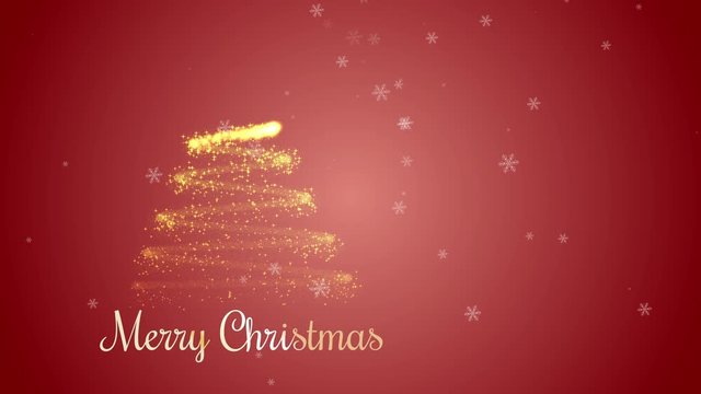 Animated Christmas tree with falling snowflakes on red background. Christmas tree made of gold particles.