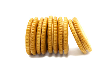 Biscuit sandwich cracker Cheese flavoured ,Cream and butter. Stack of crunchy delicious sweet meal and useful cookies. Isolated on white background.