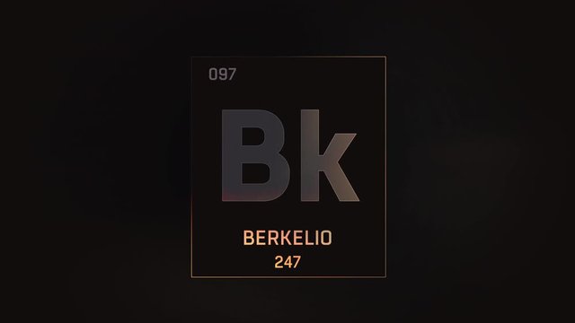 Berkelium as Element 97 of the Periodic Table. Seamlessly looping 3D animation on grey illuminated atom design background with orbiting electrons. Name, atomic weight, element number in Spanish langua