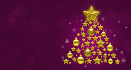 Christmas Background with Gold Foil Stars and Christmas tree. Christmas Greeting Card. Happy New Year Greeting Card.