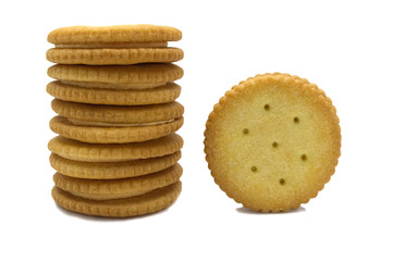 Biscuit sandwich cracker Cheese flavoured ,Cream and butter. Stack of crunchy delicious sweet meal and useful cookies. Isolated on white background.