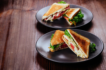 Sandwich bread tomato, lettuce and yellow cheese for breakfast