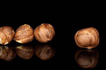 Lot of whole tasty brown hazelnut in row isolated on black glass