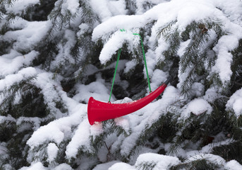 christmas red musical horn on christmas tree