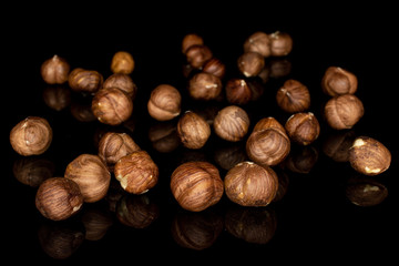 Lot of whole disordered tasty brown hazelnut isolated on black glass