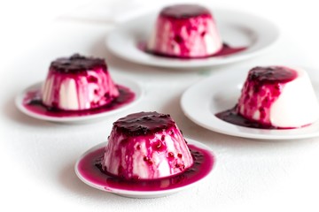 Creamy dessert Panna cotta, milk jelly with currant berry sauce