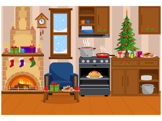 Room prepared for the new year and Christmas. Studio apartment with combined living room and kitchen.