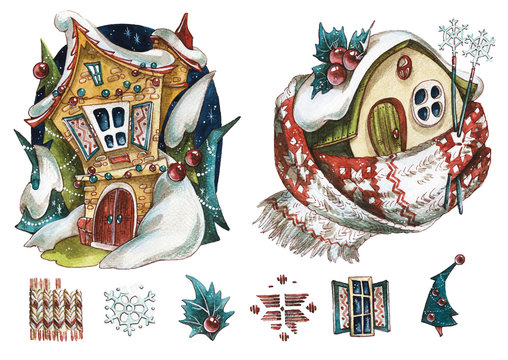 Christmas tale items hand drawn watercolor illustrations set