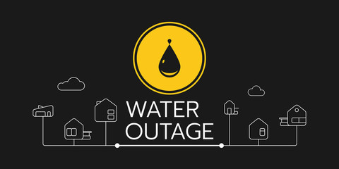 The banner of a water outage with a yellow round sign the one is on the solid black background with linear houses that connect each other.