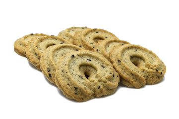 Biscuit with black sesame and honey flavored. A stack of crunchy delicious sweet meal and useful cookies. Isolated on white background.