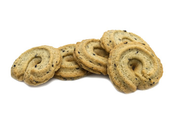 Biscuit with black sesame and honey flavored. A stack of crunchy delicious sweet meal and useful cookies. Isolated on white background.