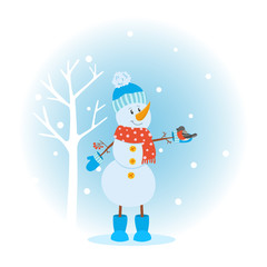 Cartoon snowman with bullfinch bird. Cute winter christmas card