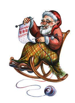 Santa Claus in rocking chair hand drawn watercolor illustration