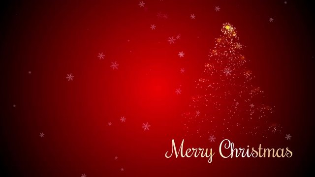 Animated Christmas tree with falling snowflakes on red background. Christmas tree made of gold particles.