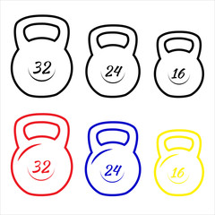 Collection of classic kettlebells isolated on white background. Fitness symbol. Vector illustration