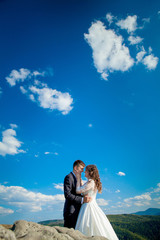 Beautiful newlyweds hugging against the backdrop of rocks and mountains. Stylish bride and beautiful bride are standing on the cliff. Wedding portrait. Family photo