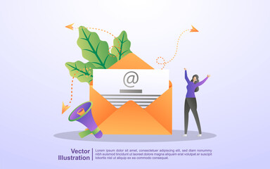Email marketing concept. Email advertising campaign, e-marketing, reaching target audience with emails. Send and receive mail. Can use for web landing page, banner, mobile app. Vector Illustration