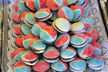 Tasty sweet colorful macaron bakery concept selective focus